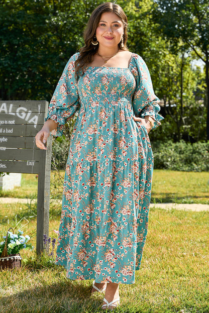 Green Floral Print Square Neck Smocked Maxi Dress