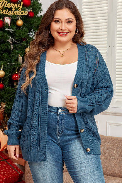 Real Teal Open Knit V Neck Button Front Drop Shoulder Cardigan