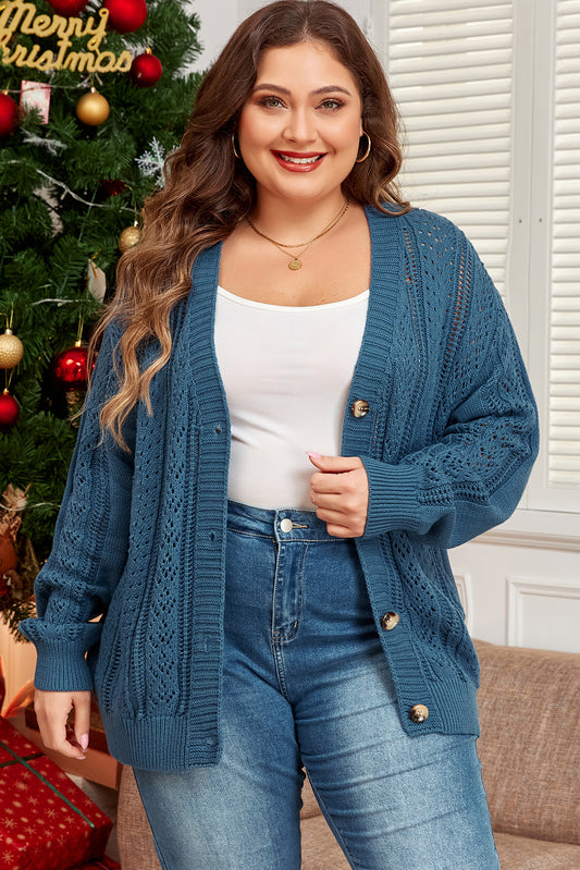 Real Teal Open Knit V Neck Button Front Drop Shoulder Cardigan