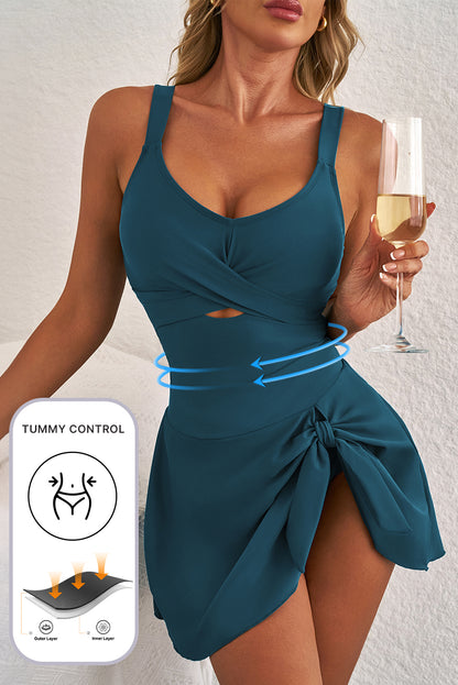 Adjustable Straps Cutout Scrunched Knot Slit One Piece Swim Dress (Other Colors)(Extended Sizes)