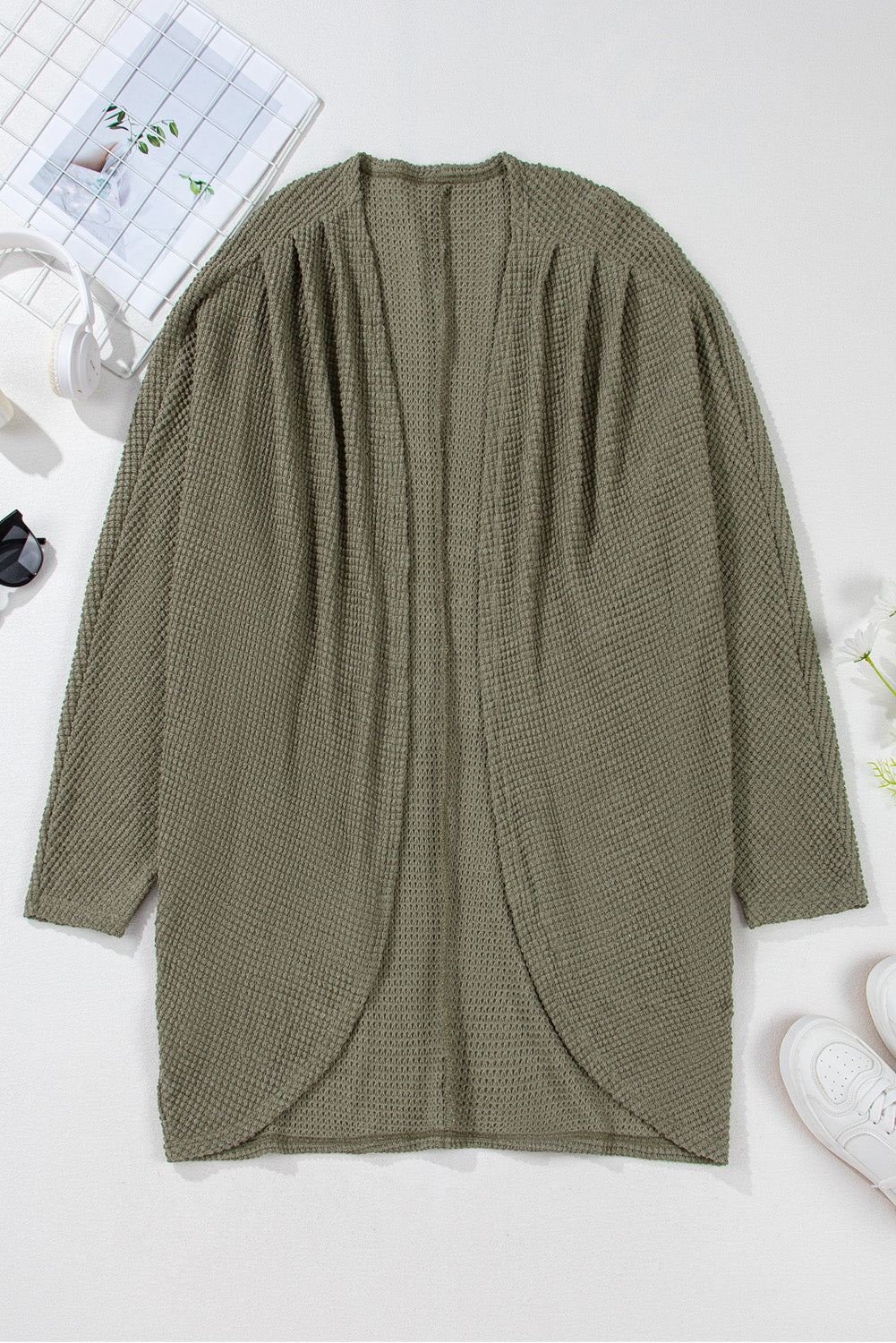 Seagrass Waffle Knit Drop Shoulder Open Front Pocketed Cardigan