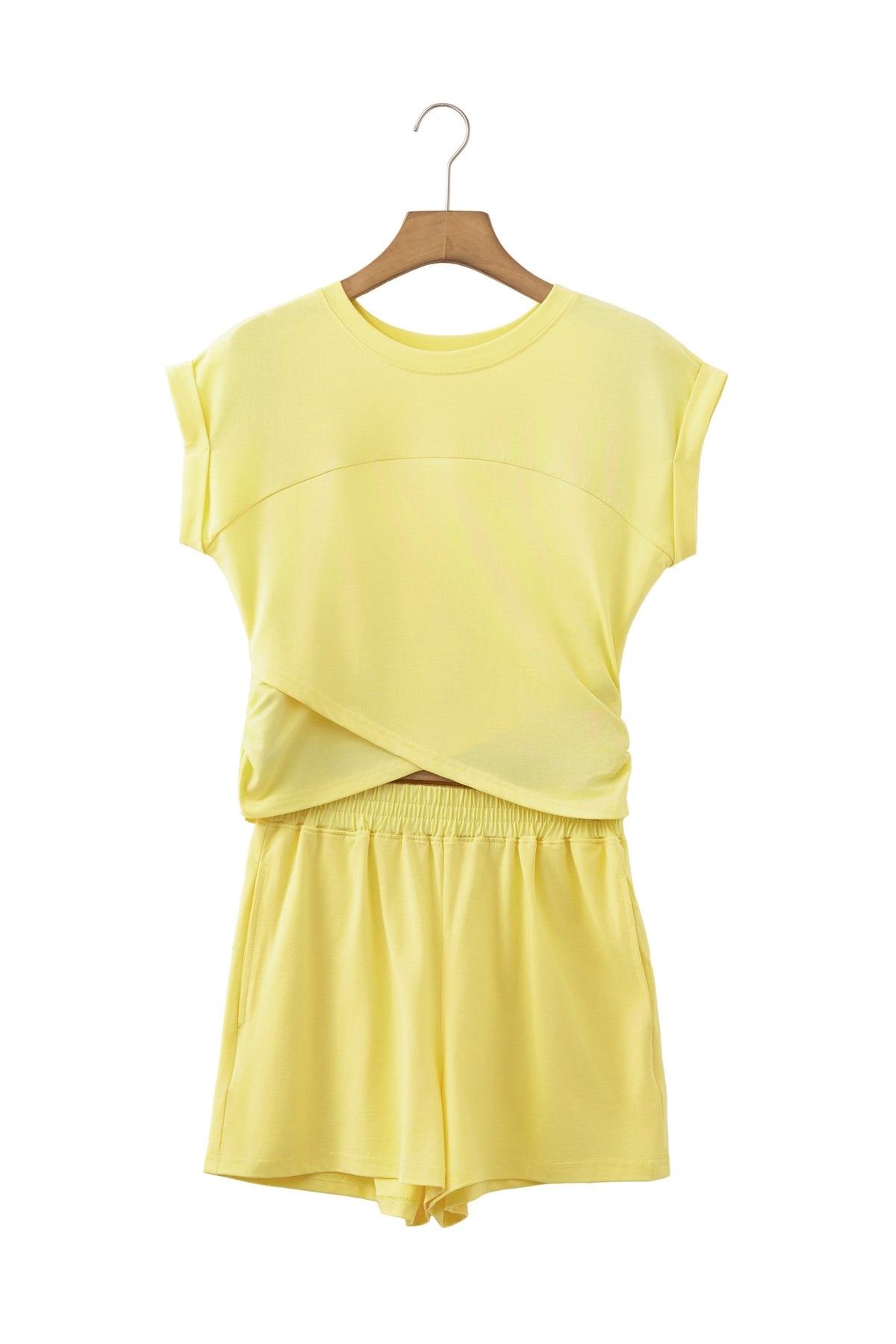Solid Short Sleeve Elastic Waist Pocket Casual Two Piece Short Set