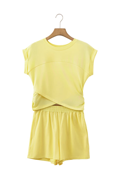 Solid Short Sleeve Elastic Waist Pocket Casual Two Piece Short Set