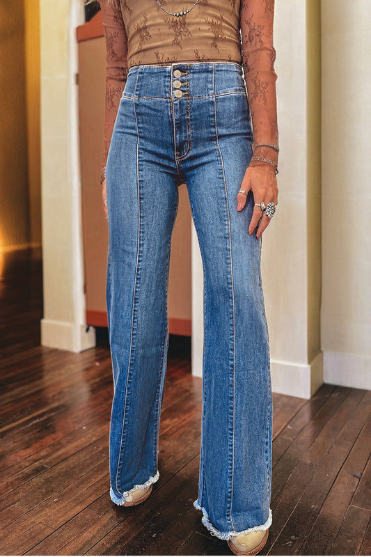 High Waist Button Fly Seamed Raw Hem Flare Jeans (Extended Sizes)