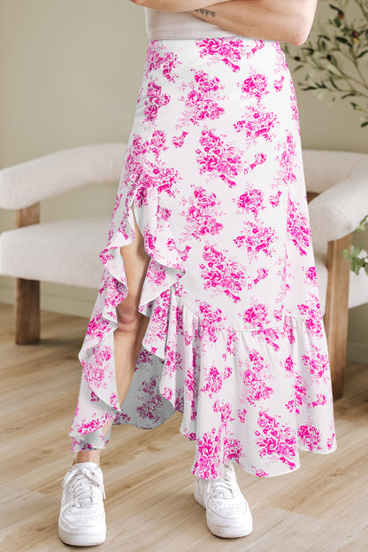 Sky Blue Boho Floral High Waist Ruffle Split Maxi Skirt