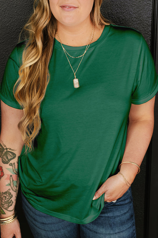 Dark Green Round Neck Rolled Sleeve T-shirt