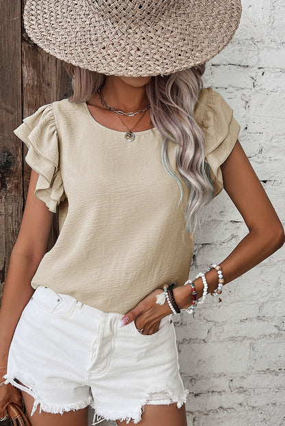 Solid Color Ruffled Short Sleeve Casual Blouse (Other Colors)