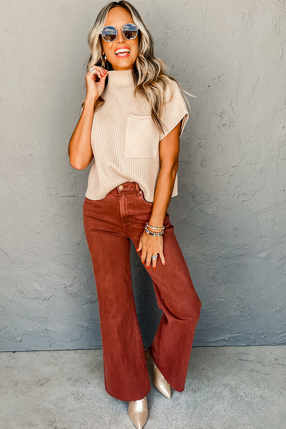 Oatmeal Patch Pocket Ribbed Knit Short Sleeve Sweater (Extended Sizes)
