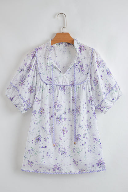 Purple Floral Trimmed Detail Split Neck Top