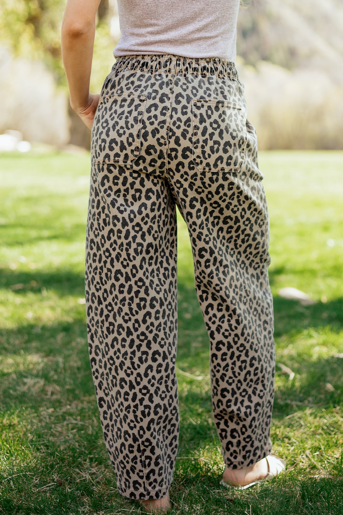 Khaki Leopard Print Drawstring Elastic Waist Loose Denim Pants