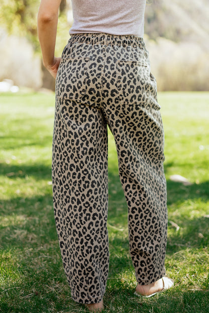 Khaki Leopard Print Drawstring Elastic Waist Loose Denim Pants