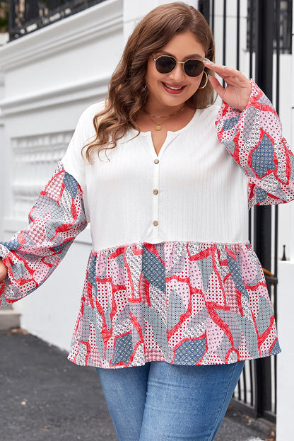 Apricot Printed Patchwork Textured Buttoned Blouse