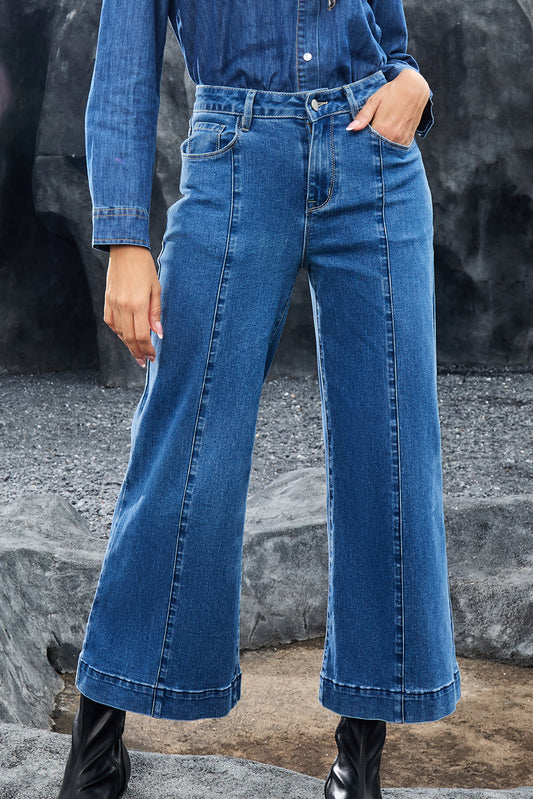 Dark Blue Plain Seam Detail Flared Bottom Ankle Length Jeans (Extended Sizes)