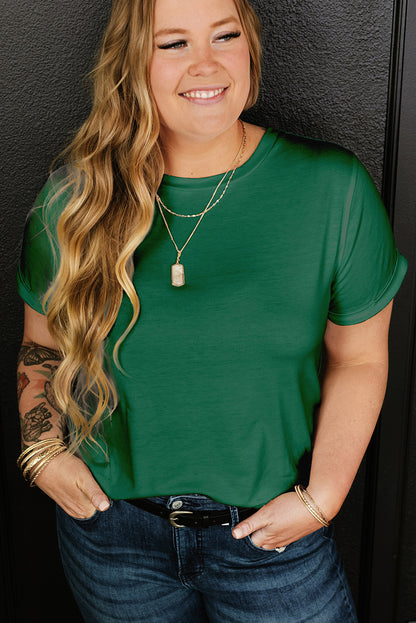Dark Green Round Neck Rolled Sleeve T-shirt