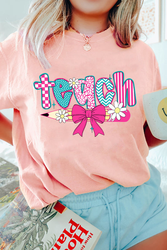 Pink Preppy Retro Checkered Coquette Teach Graphic T-Shirt (Extended Sizes)