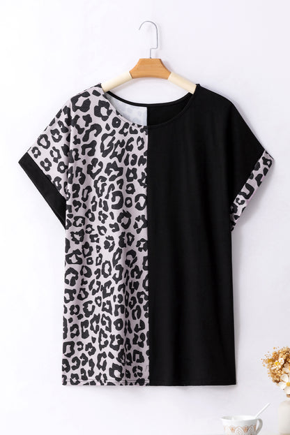 Black Half Leopard Patchwork T-shirt