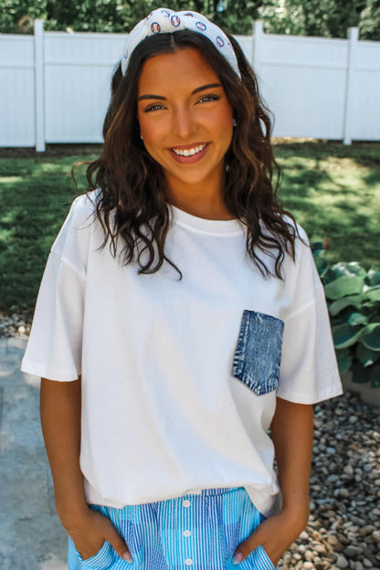 Color Block Chest Pocket Patched Casual Short Sleeve Top (Other Color)