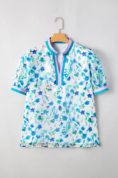 Green Floral Print Colorblock Edge Puff Sleeve Split Neck Blouse