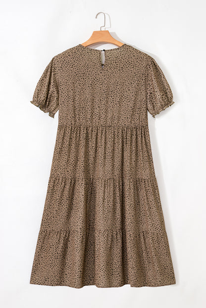 Brown Leopard Print Frill Trim Short Sleeve Flared Dress