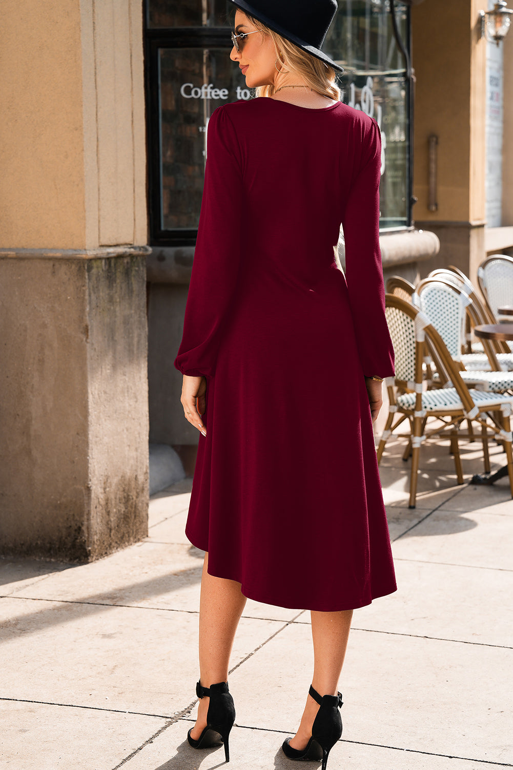 Burgundy Solid Color Ruched Detail Long Sleeve Midi Dress (Extended Sizes)