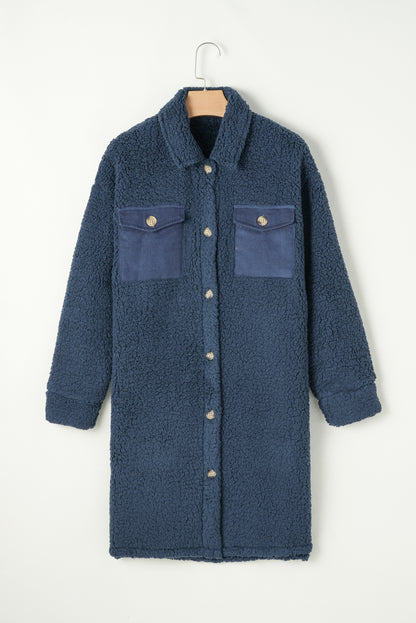 Blue Contrast Flap Pocket Single Breasted Teddy Coat (Extended Sizes)