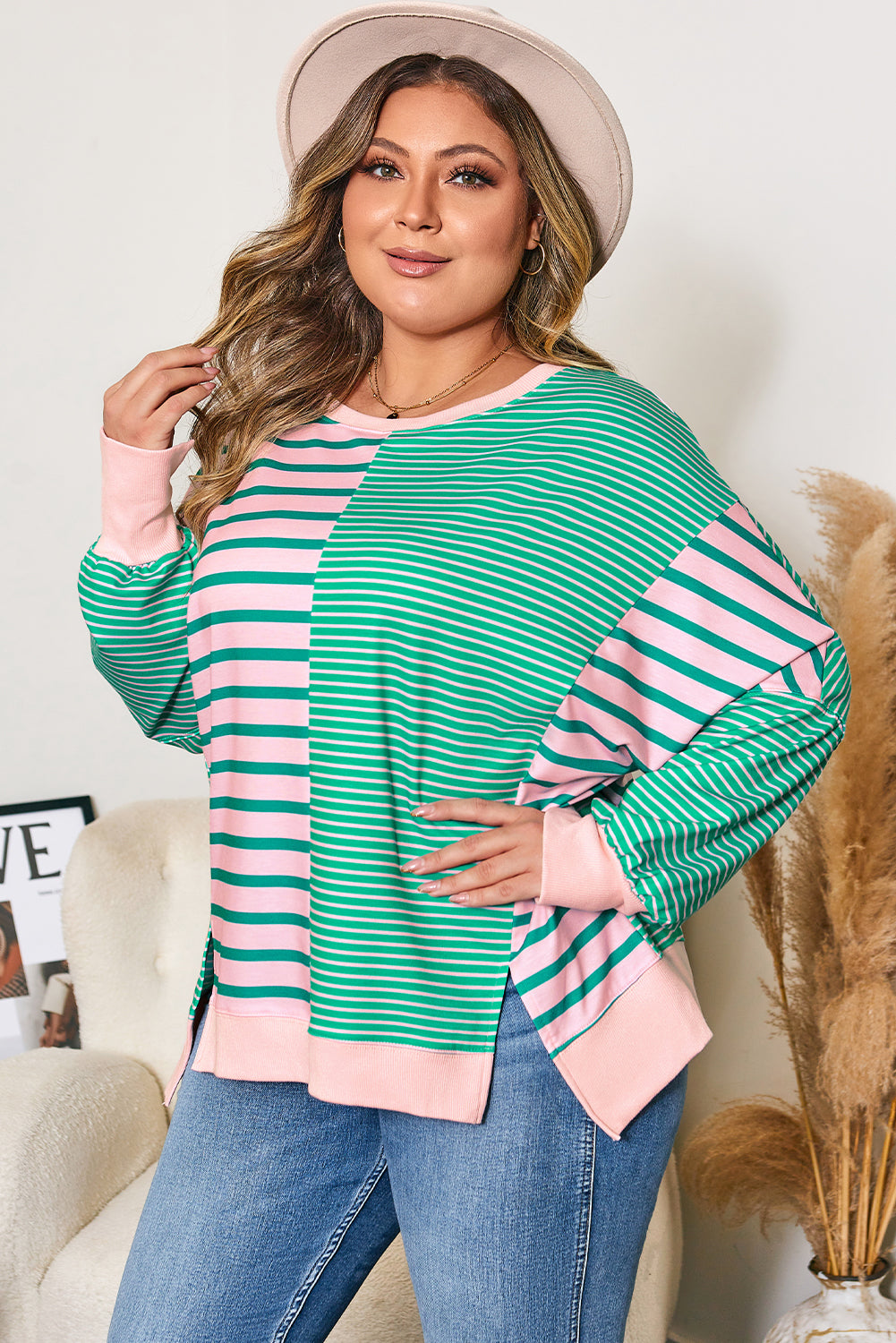 Green Stripe Color Block Exposed Seam Side Slit Sweatshirt