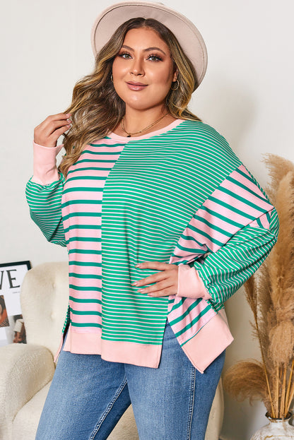 Green Stripe Color Block Exposed Seam Side Slit Sweatshirt