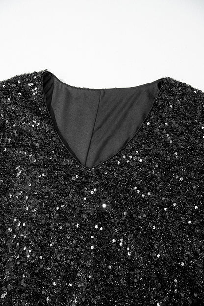 Color black Bubble Sleeve V Neck Sequin Dress