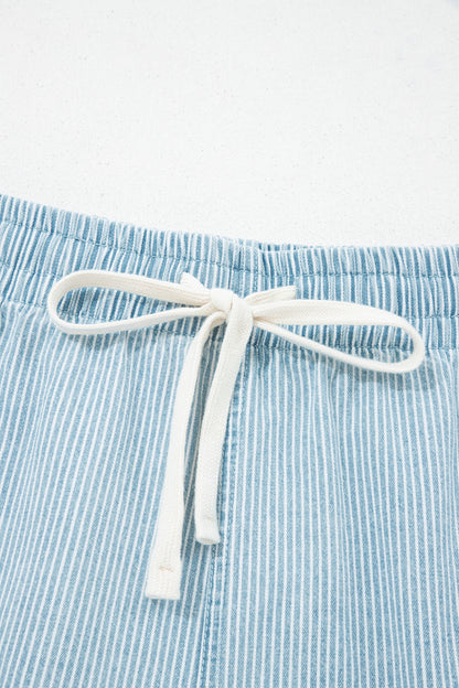 Blue Stripe Contrast Drawstring Elastic Waist Denim Shorts