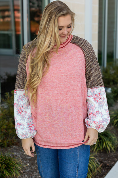 Pink Checkered Paisley Patchwork Raglan Sleeve Seamed Top