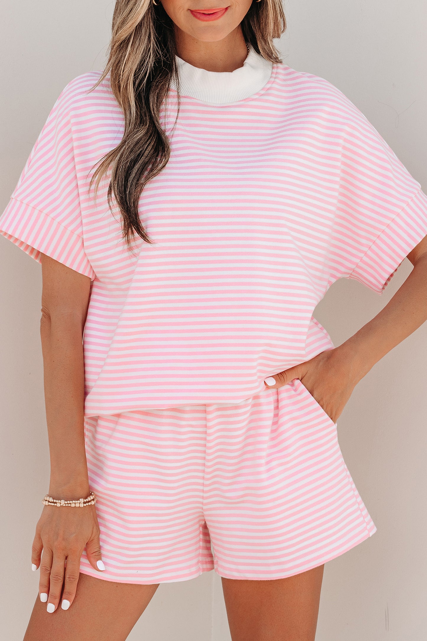 Stripe Cuffed Sleeve Contrast Mock Neck Tee Casual 2pcs Short Set (Other Colors)