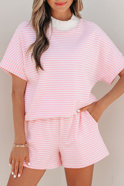 Stripe Cuffed Sleeve Contrast Mock Neck Tee Casual 2pcs Short Set (Other Colors)