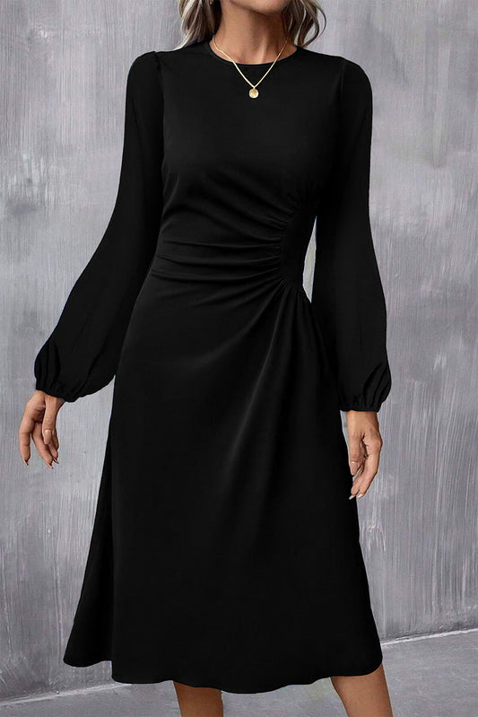 Black Solid Color Ruched Detail Long Sleeve Midi Dress (Extended Sizes)