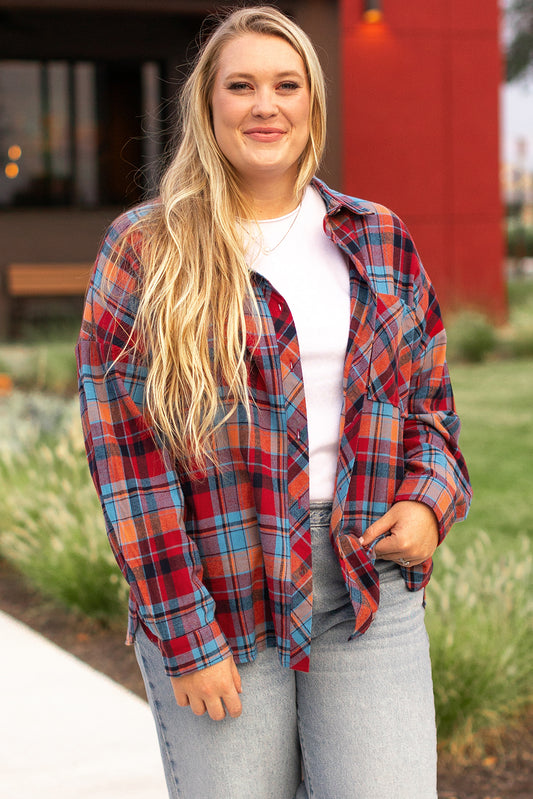 Red Plaid Print Buttoned Shirt