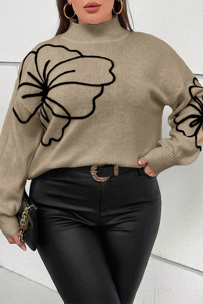 Dark Khaki Big Flower Pattern High Neck Drop Shoulder Sweater