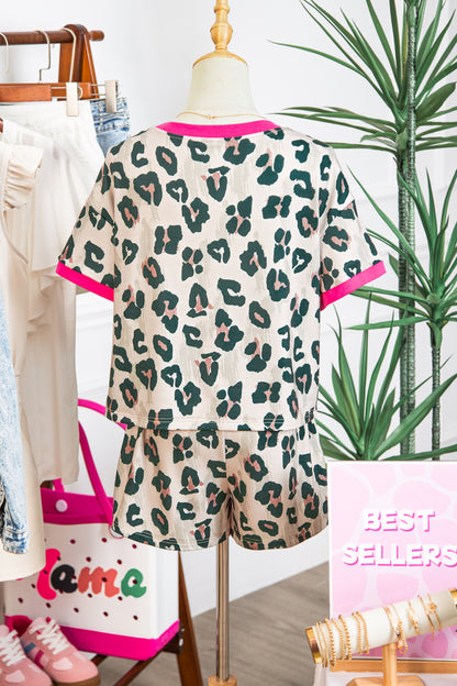 Leopard Print Contrast Trim Top Loose 2pcs Short Set