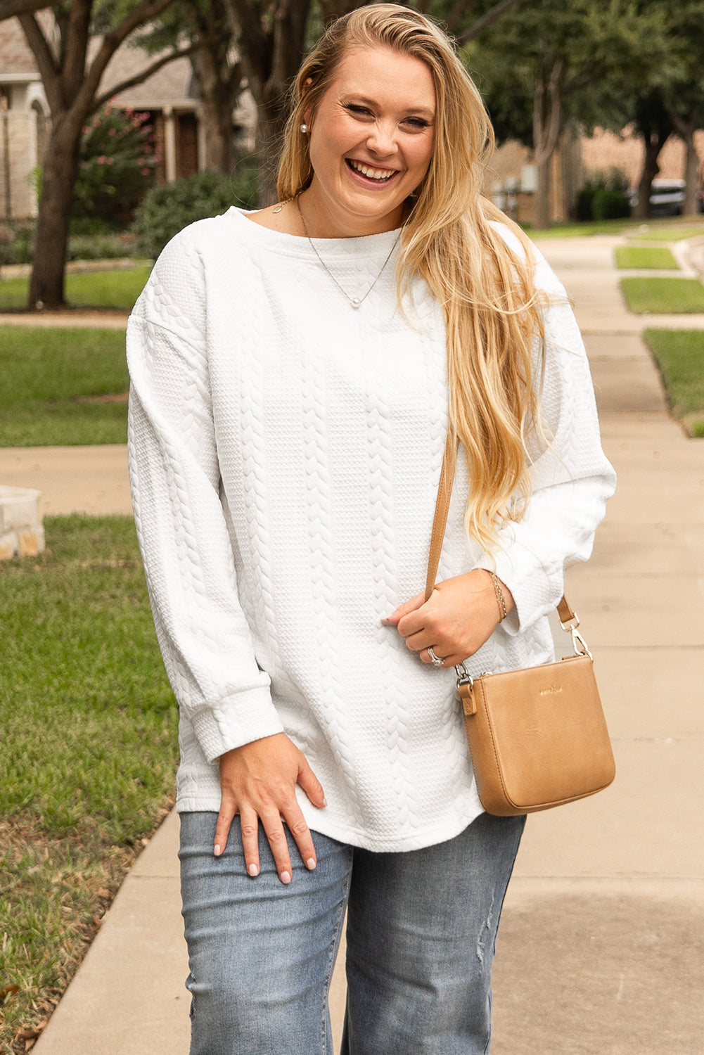 White Cable Textured Loose Sweatshirt