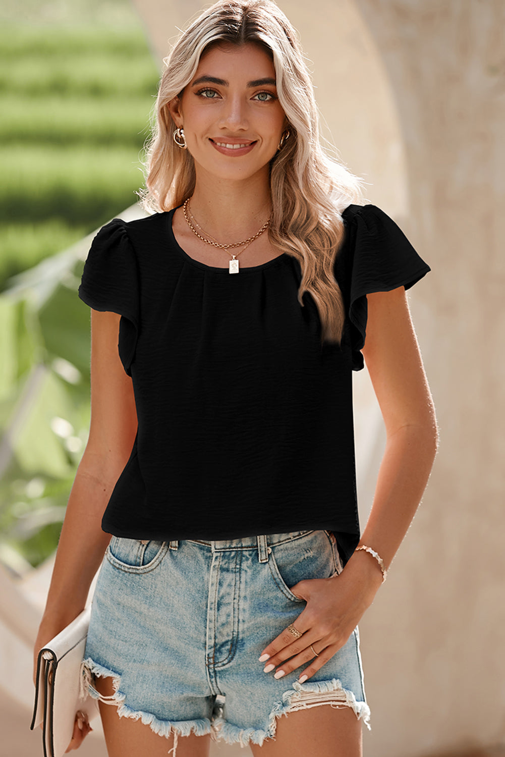 Black Flounce Sleeve Pleated Textured Blouse (Extended Sizes)