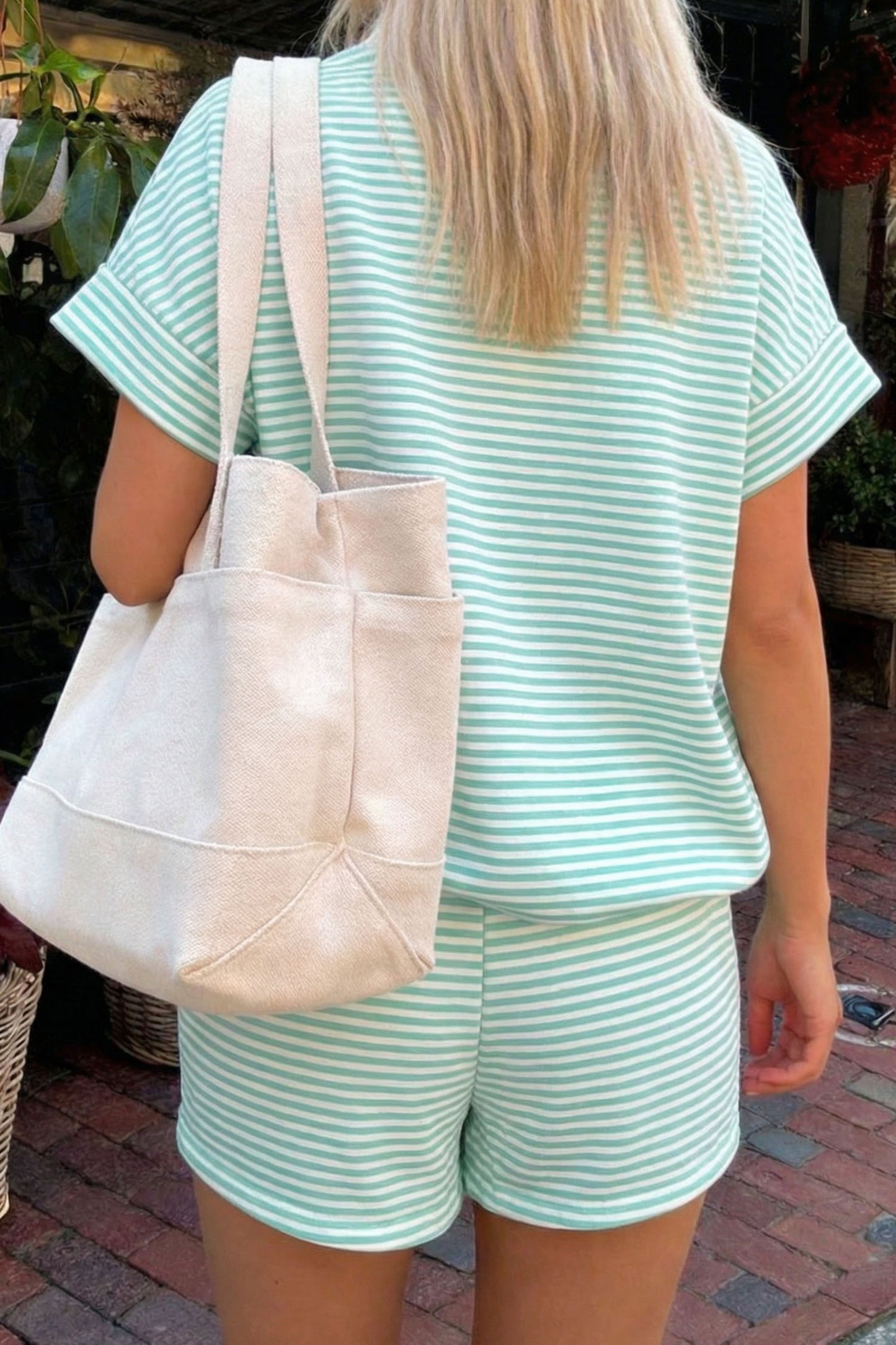 Stripe Cuffed Sleeve Contrast Mock Neck Tee Casual 2pcs Short Set (Other Colors)