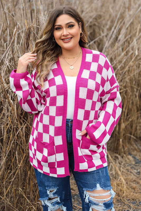 Bonbon Checkered Pattern Open Front Cardigan