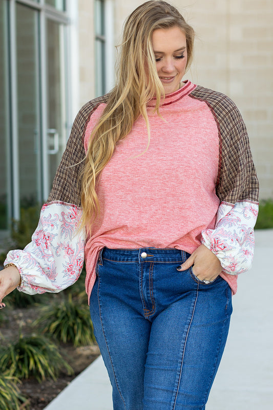 Pink Checkered Paisley Patchwork Raglan Sleeve Seamed Top