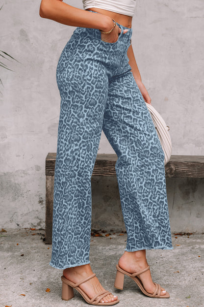 Leopard Frayed Edge Wide Leg High Waist Jeans (Other Colors)