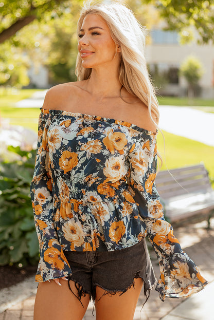 Floral Off Shoulder Bell Sleeve Smocked Peplum Top