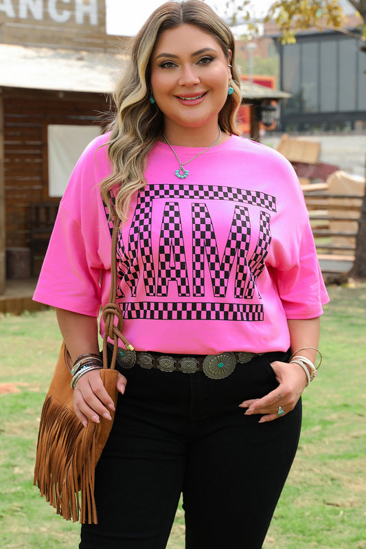 Bright Pink Checker MAMA Letter Printed Graphic T-Shirt