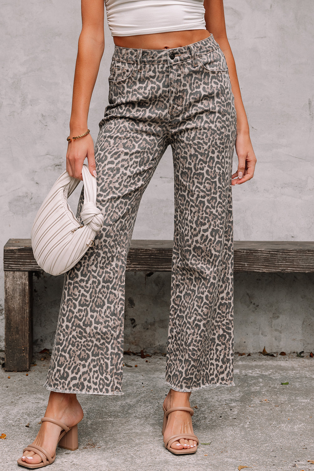 Leopard Frayed Edge Wide Leg High Waist Jeans (Other Colors)