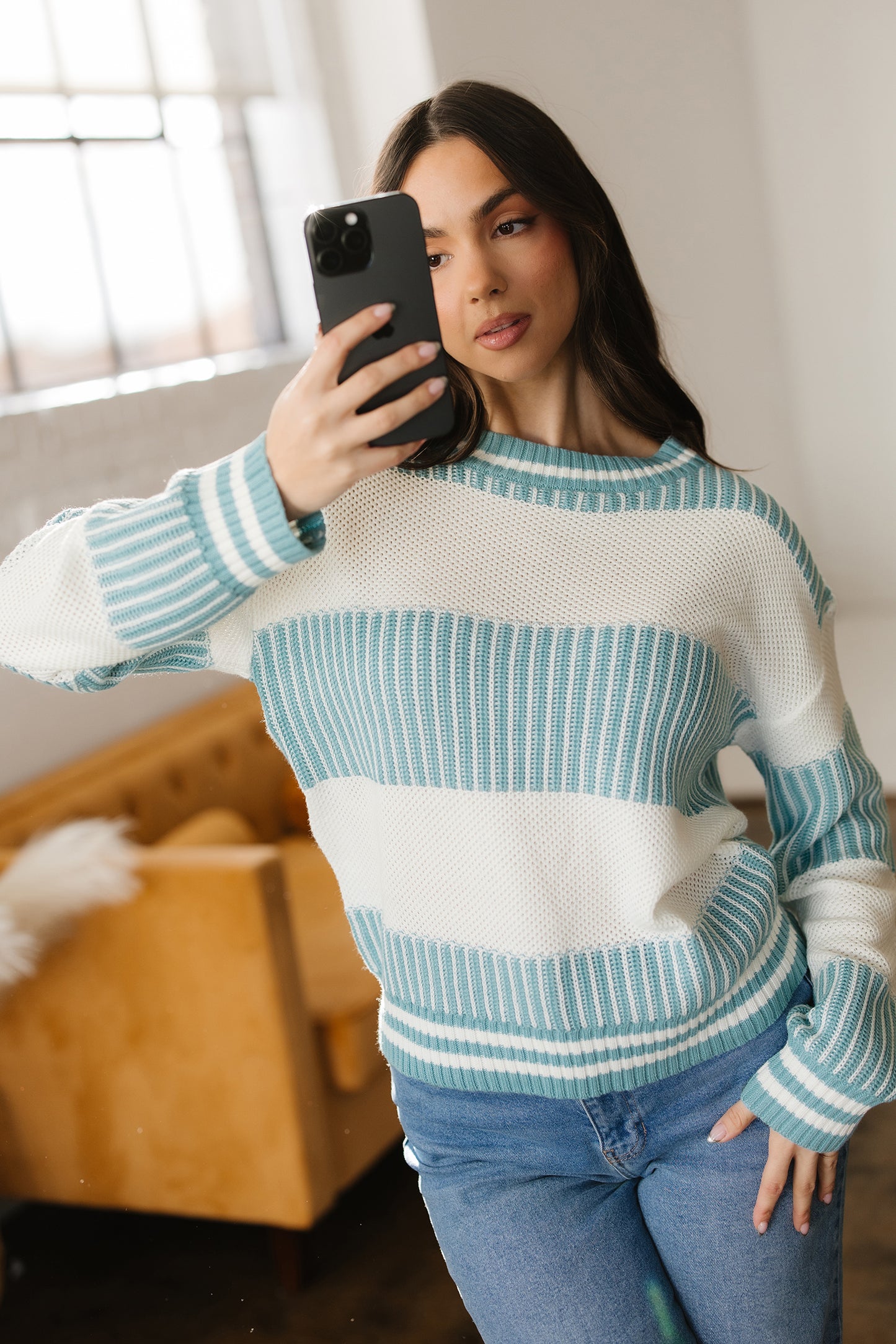 Two Tone Striped Patchwork Drop Shoulder Loose Sweater (Other Colors)