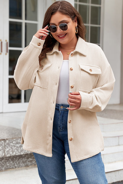 Oatmeal Textured Flap Pockets Buttoned Shacket