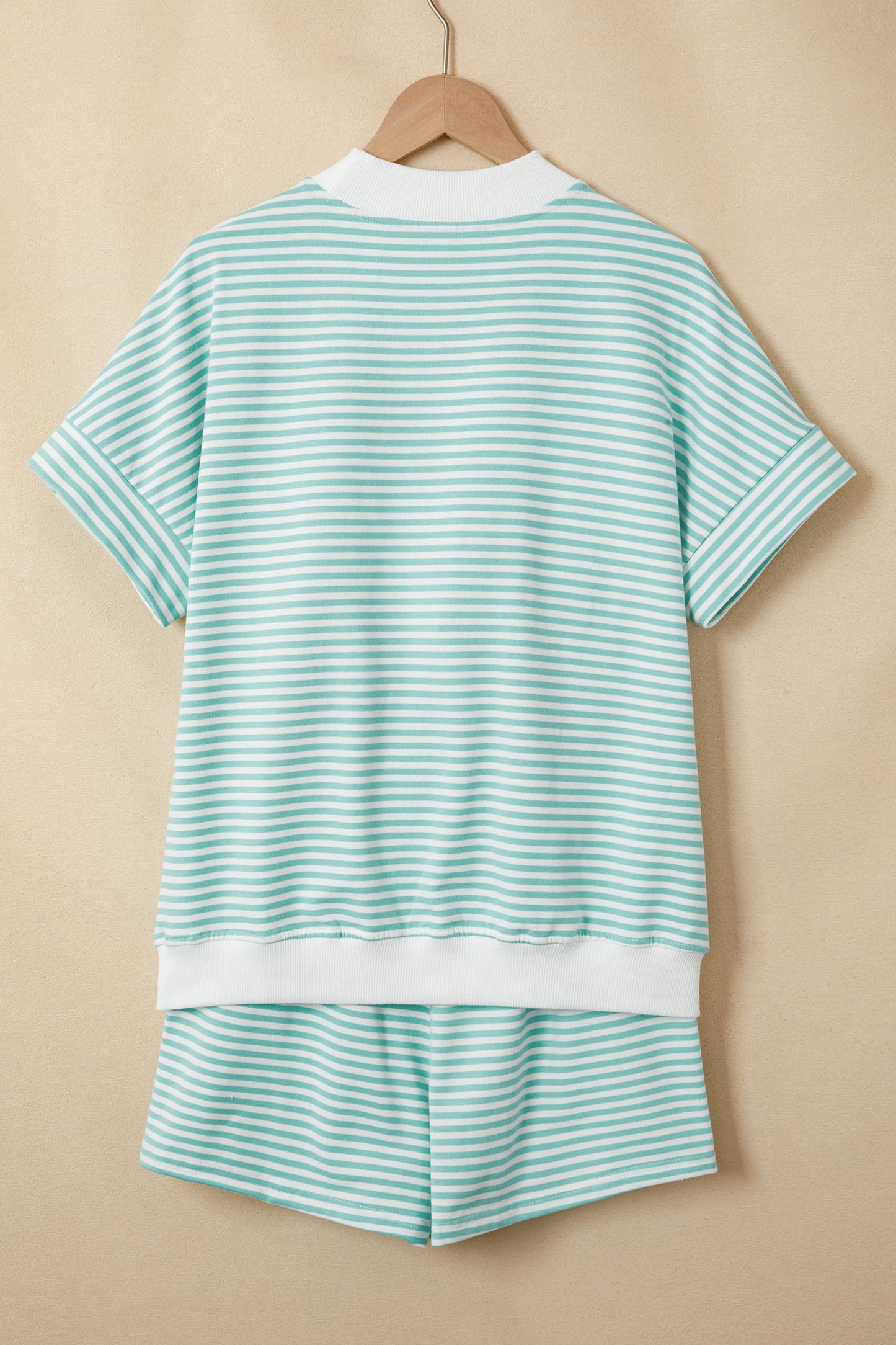 Stripe Cuffed Sleeve Contrast Mock Neck Tee Casual 2pcs Short Set (Other Colors)