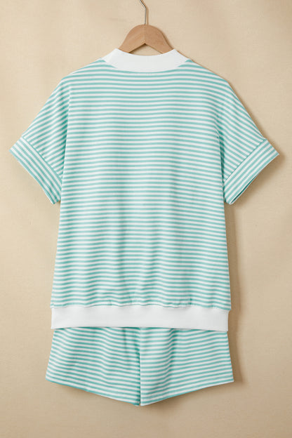 Stripe Cuffed Sleeve Contrast Mock Neck Tee Casual 2pcs Short Set (Other Colors)