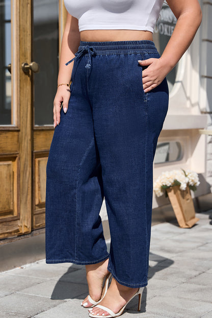 Real Teal Drawstring High Waist Wide Leg Casual Jeans